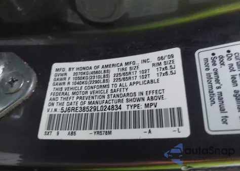 2009 Honda Cr-V Ex z USA, uszkodzony, nr VIN 5J6RE38529L024834